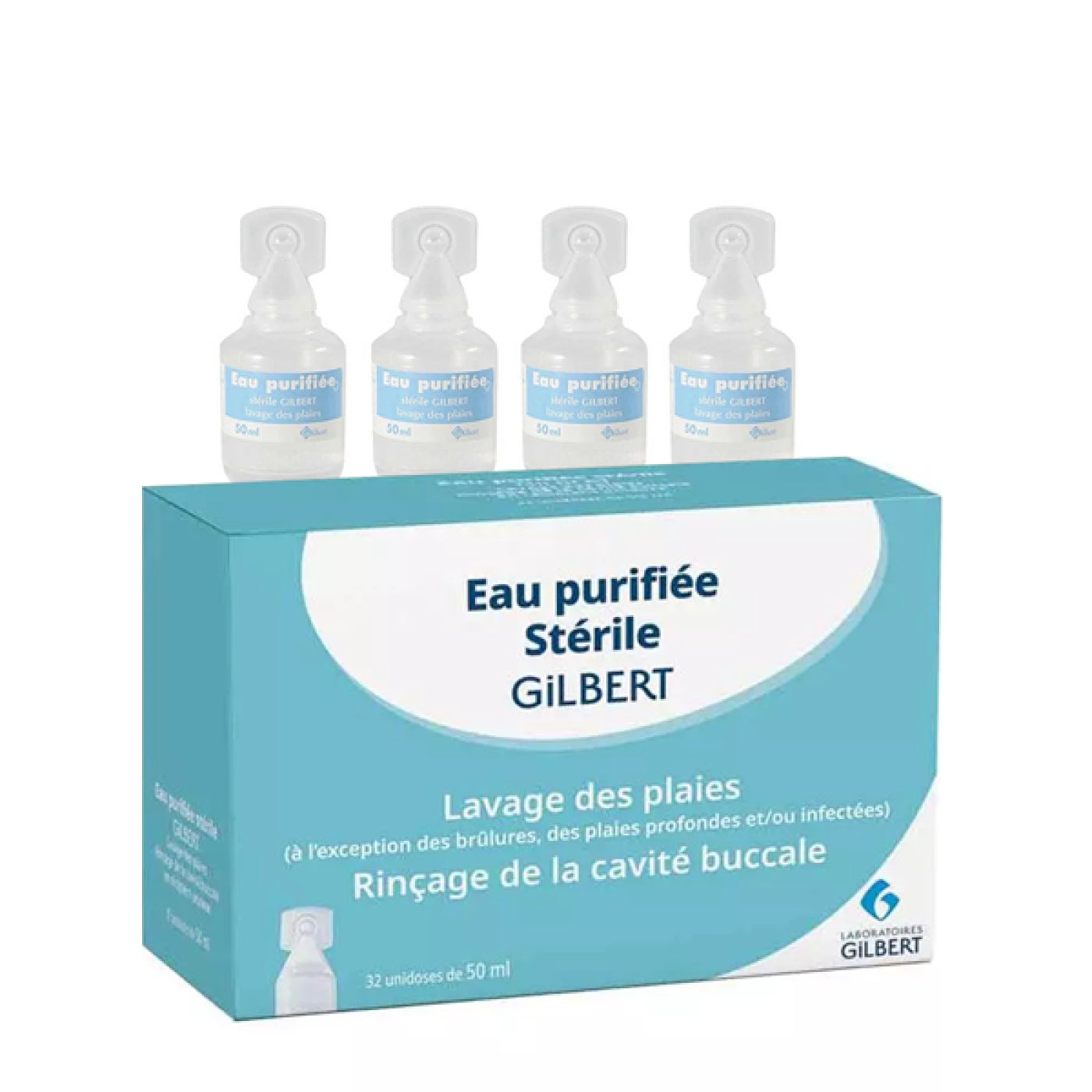 Eau purifiée stérile 50 ml- boîte de 32- Laboratoires Gilbert